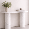 Evelyn console table in White Volakas marble, 120 cm modern minimalist console with oval top and cylindrical marble legs in neutral interior