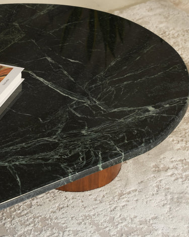 Luxury green marble coffee table with wood pedestal base