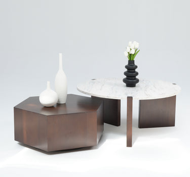 Orvella Coffee Table Set with round marble and hexagon wood table
