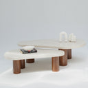 Vionna Coffee Table Set with organic beige marble tops and wooden cylindrical legs