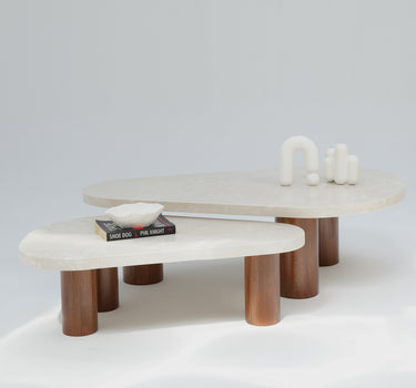 Vionna Coffee Table Set with organic beige marble tops and wooden cylindrical legs