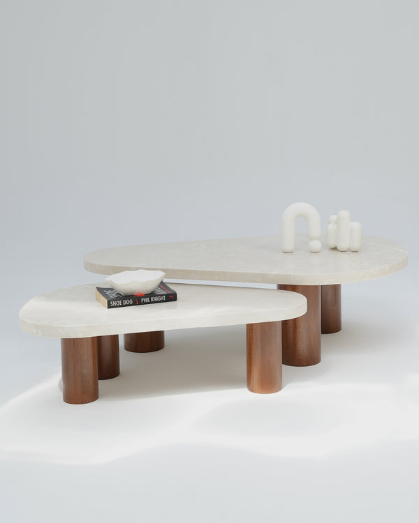 Vionna Coffee Table Set with organic beige marble tops and wooden cylindrical legs