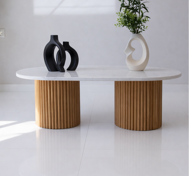 Virella oval marble coffee table with fluted oak wood bases