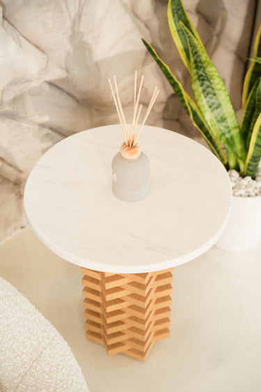 Bosco Volakas Marble Top Beech Wooden Base Side Table