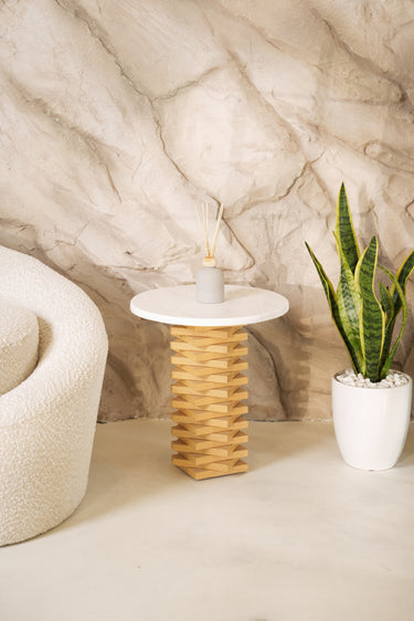 Bosco Volakas Marble Top Beech Wooden Base Side Table
