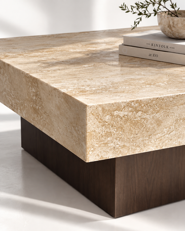 Elmsworth Travertine Coffee Table, travertine top and timber base detail