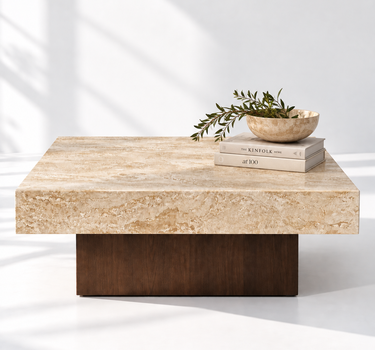Elmsworth Travertine Coffee Table, styled front view