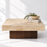 Elmsworth Travertine Coffee Table, styled front view