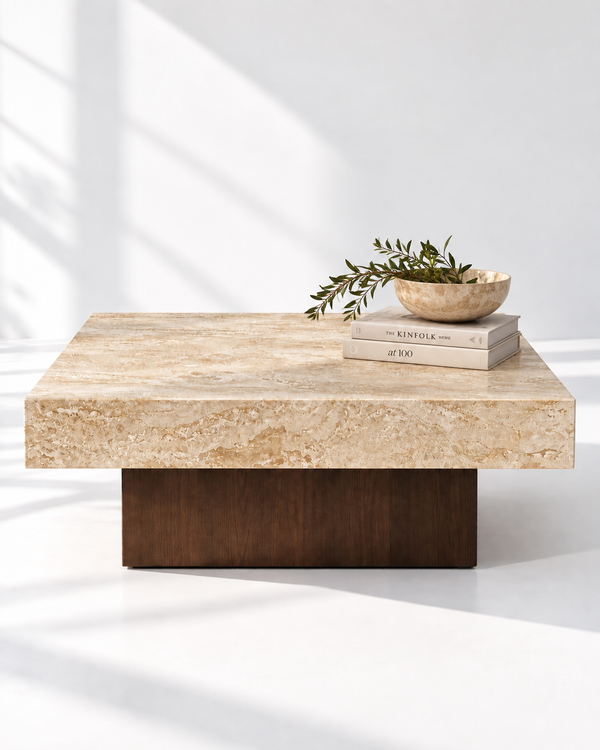 Elmsworth Travertine Coffee Table, styled front view