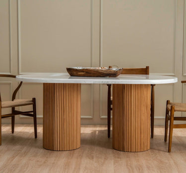 Elora Wooden Base and Volakas Marble Dining Table