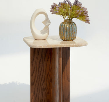 Eral Travertine Top & Red Oak Wood Side Table