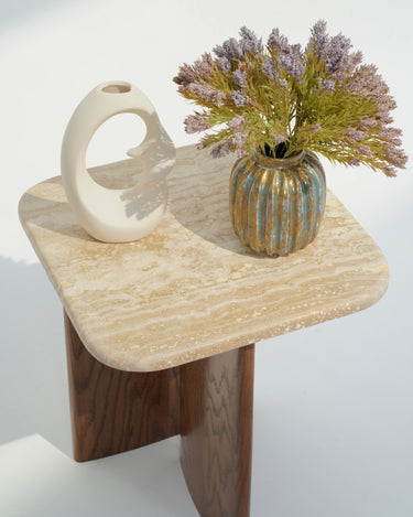 Eral Travertine Top & Red Oak Wood Side Table