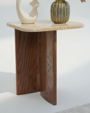 Eral Travertine Top & Red Oak Wood Side Table