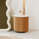 Liora Bedside Table – Volakas Marble Top with Wooden Base / Sole White Wave Frame Mirror