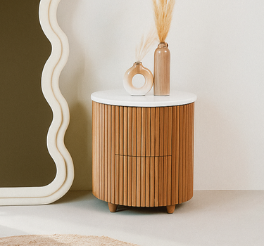 Liora Bedside Table – Volakas Marble Top with Wooden Base / Sole White Wave Frame Mirror