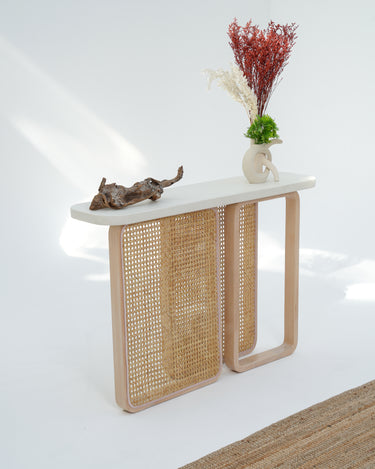 Liven Console Table with Cement Top and Beech Wood Rattan Base