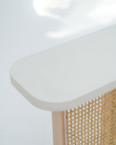 Liven Console Table with Cement Top and Beech Wood Rattan Base