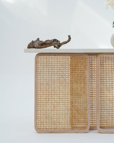 Liven Console Table with Cement Top and Beech Wood Rattan Base