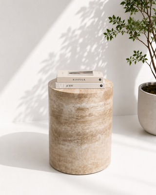 Maeve Travertine Side Table for sofa lounge chair bedside or reading corner placement