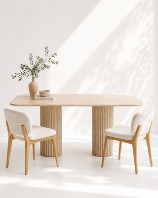 Omera Beige Marble Dining Table in Omani Beige Marble with a rounded rectangular modern dining profile