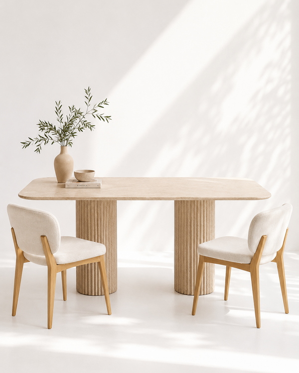 Omera Beige Marble Dining Table in Omani Beige Marble with a rounded rectangular modern dining profile