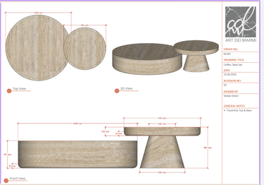 Technical drawing of the Ottoline two-piece round travertine coffee table set, showing 140 cm and 90 cm table diameters
