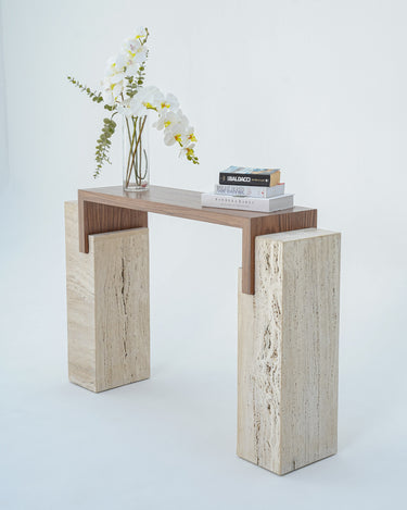 Roya Veneered Walnut Console Table with Travertine Base