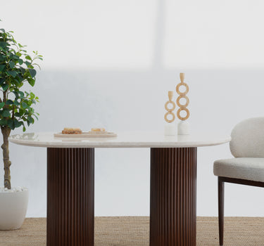 Solein Dining Table -  Beige Marble Top with Crafted Wooden Base