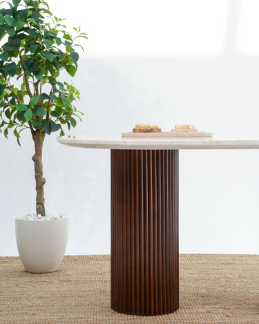 Solein Dining Table -  Beige Marble Top with Crafted Wooden Base