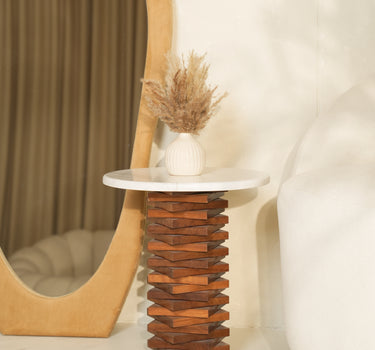 Teka Volakas Marble Top Teak Woode Base Side Table