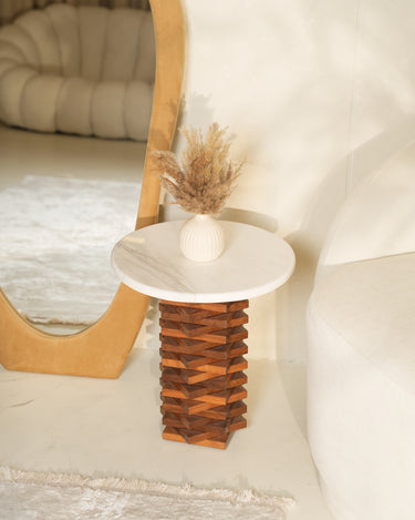 Teka Volakas Marble Top Teak Woode Base Side Table