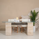 Triona Glass with Travertine Base and Wooden Dining Table