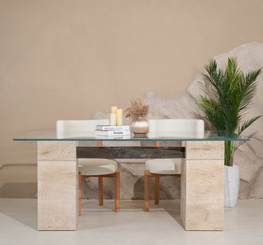 Triona Glass with Travertine Base and Wooden Dining Table
