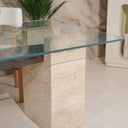 Triona Glass with Travertine Base and Wooden Dining Table